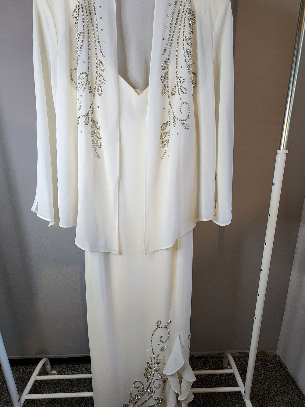 R & M Richards Ivory Beaded Maxi Dress with Sheer Jacket